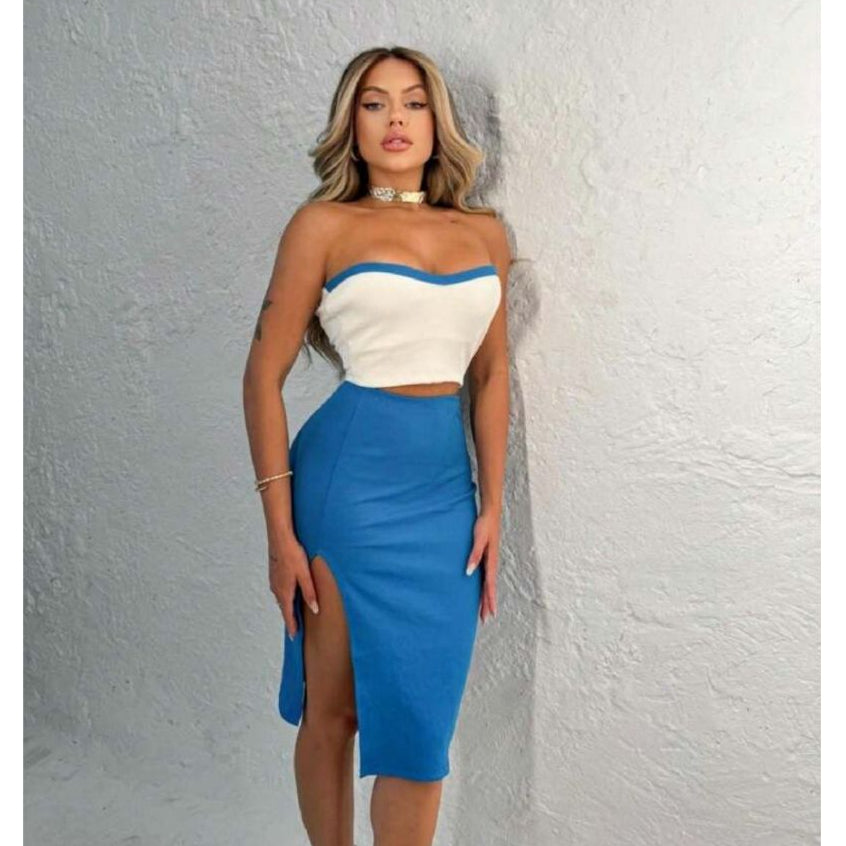 Conjunto Feminino Saia Midi Com Fenda + Cropped Tomara Que Caia sem Bojo