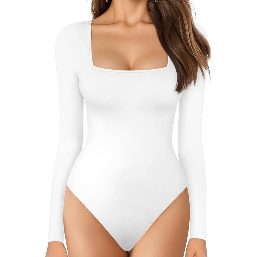 Body Casual Feminino Decote Quadrado Manga Longa