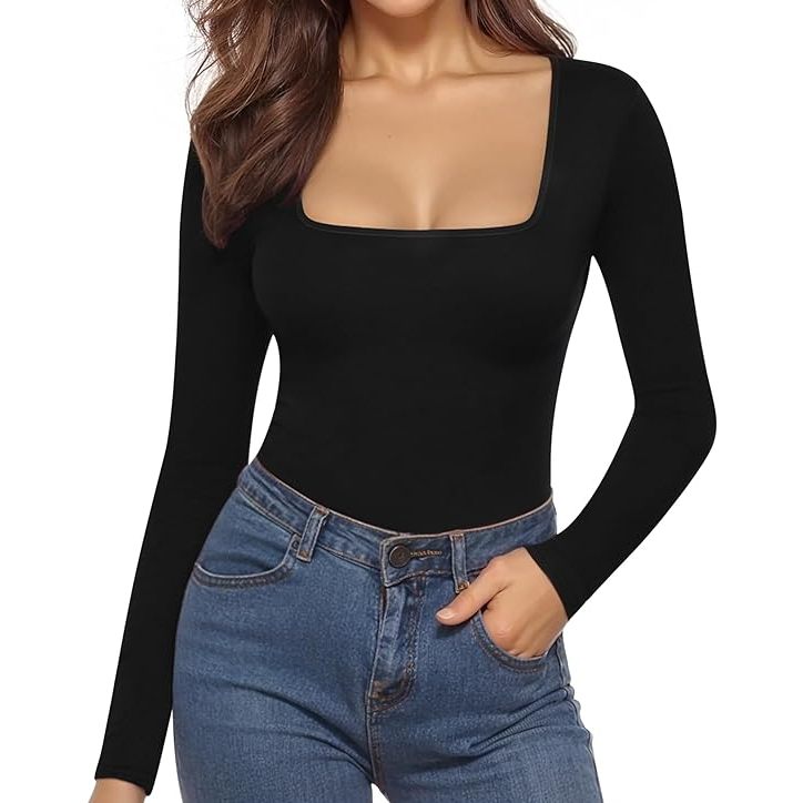 Body Casual Feminino Decote Quadrado Manga Longa