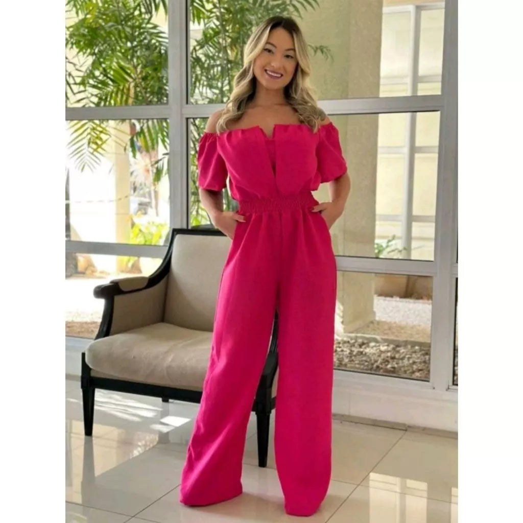 Macacão Longo Feminino Ciganinha Ombro a Ombro – Pantalona com Decote em V e Bojo