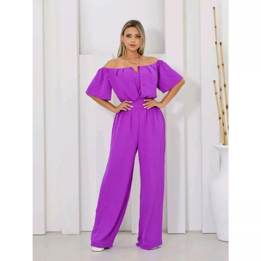 Macacão Longo Feminino Ciganinha Ombro a Ombro – Pantalona com Decote em V e Bojo