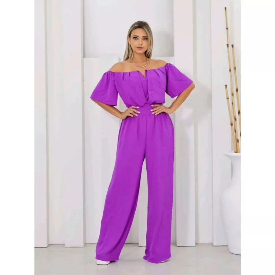 Macacão Longo Feminino Ciganinha Ombro a Ombro – Pantalona com Decote em V e Bojo Simples Glamour