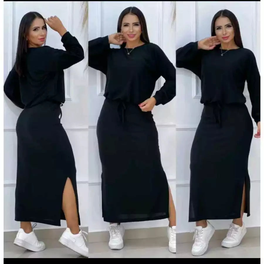 Conjunto Blusa e Saia Moda Feminina Cropped Midi Blogueira Saia Longa Inverno Lanzinha Fenda Laterais