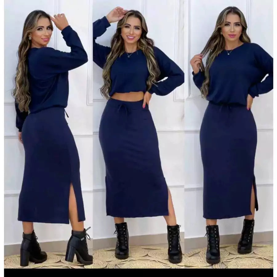 Conjunto Blusa e Saia Moda Feminina Cropped Midi Blogueira Saia Longa Inverno Lanzinha Fenda Laterais
