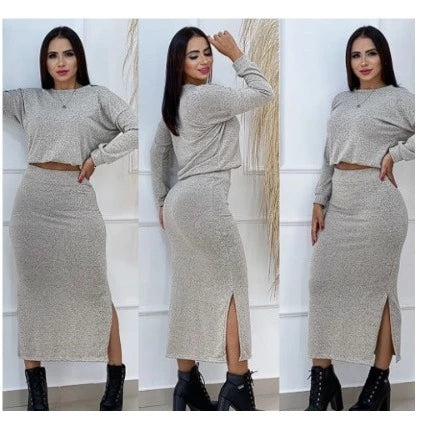 Conjunto Blusa e Saia Moda Feminina Cropped Midi Blogueira Saia Longa Inverno Lanzinha Fenda Laterais