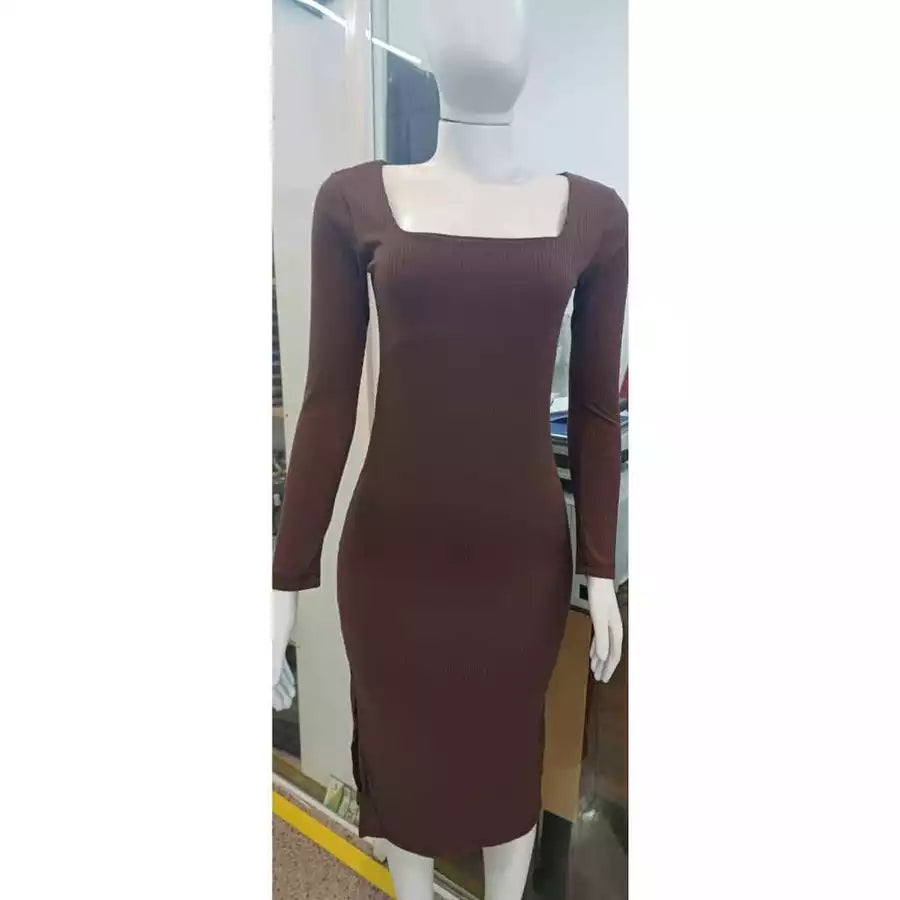 Vestido Midi RIBANA Manga Longa com Fenda Lateral