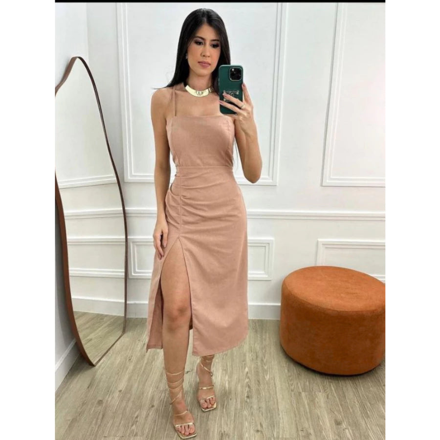 Vestido Midi Linho Feminino Luxo Amarração nas Costas Drapeado C/ Alcinha Verão