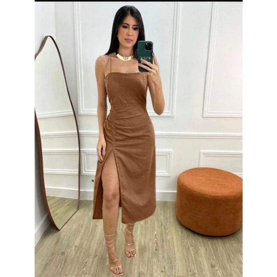 Vestido Midi Linho Feminino Luxo Amarração nas Costas Drapeado C/ Alcinha Verão