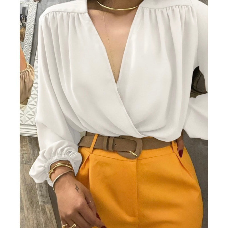 Blusa Feminina Manga Longa Transpassada Decote V - Tecido Duna