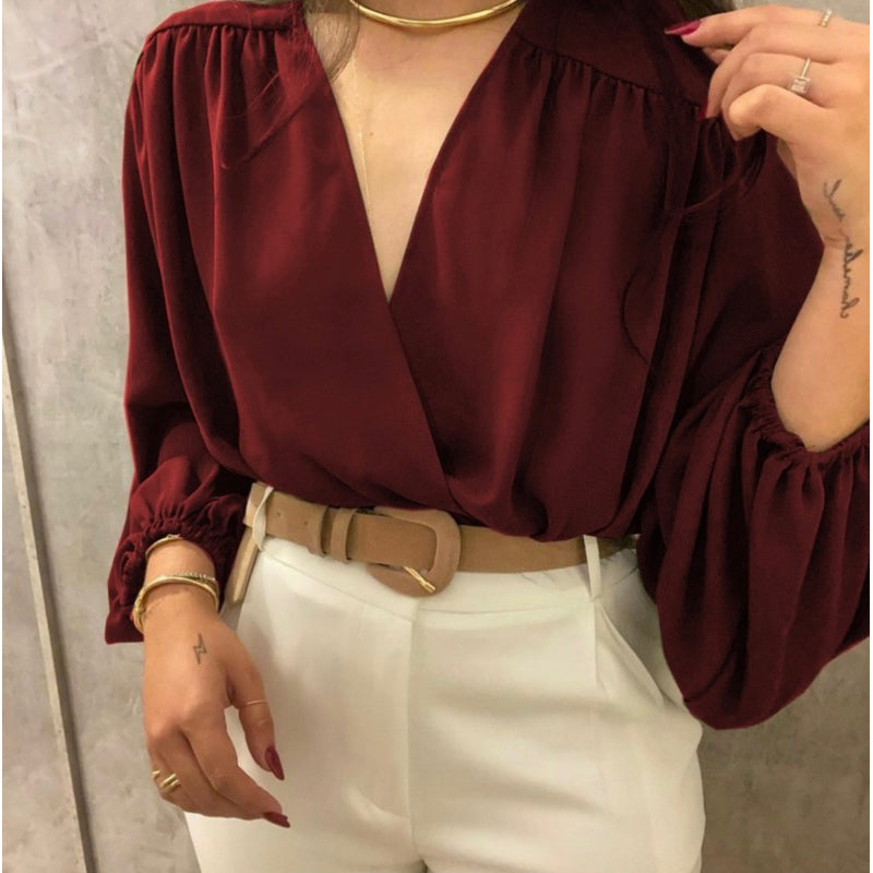 Blusa Feminina Manga Longa Transpassada Decote V - Tecido Duna