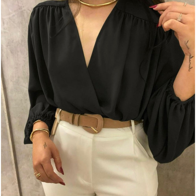 Blusa Feminina Manga Longa Transpassada Decote V - Tecido Duna