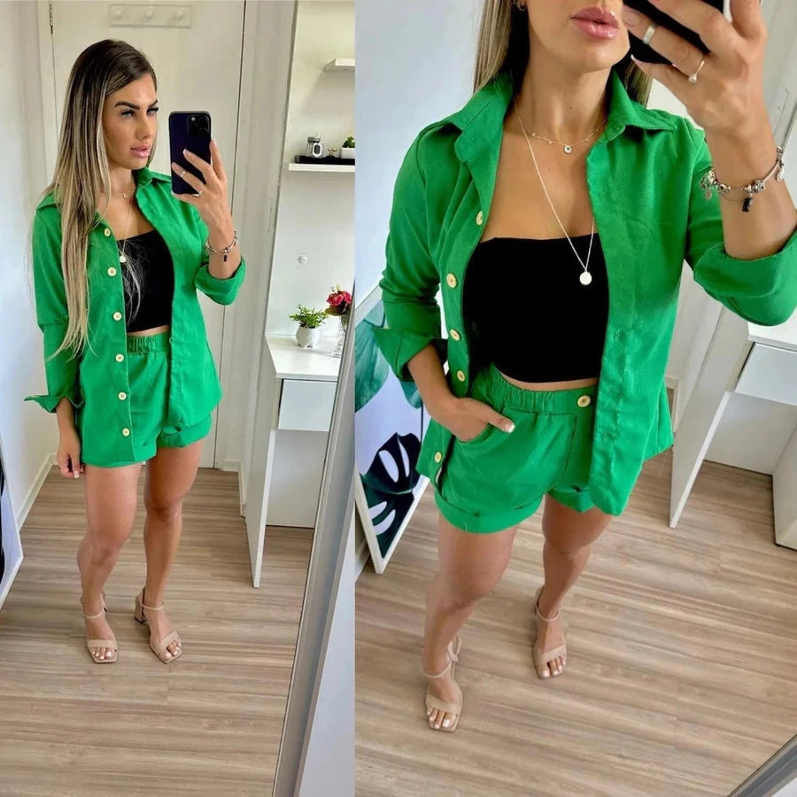 Conjunto Feminino em Linho – Camisa Manga Longa com Botões + Short Casual Simples Glamour
