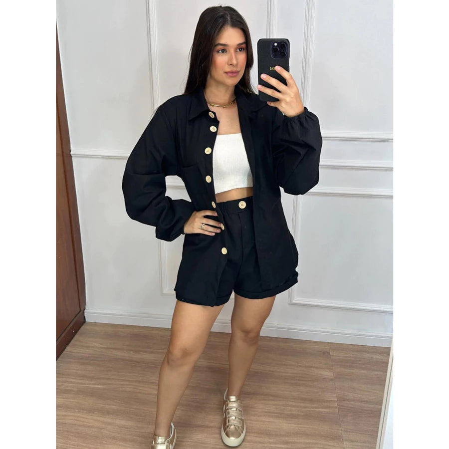 Conjunto Feminino em Linho – Camisa Manga Longa com Botões + Short Casual