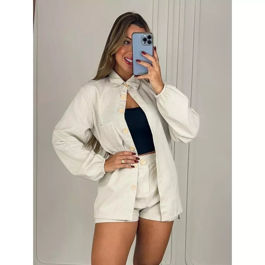 Conjunto Feminino em Linho – Camisa Manga Longa com Botões + Short Casual