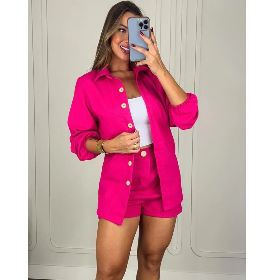 Conjunto Feminino em Linho – Camisa Manga Longa com Botões + Short Casual