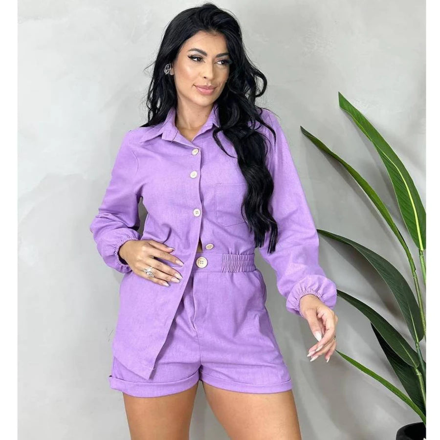 Conjunto Feminino em Linho – Camisa Manga Longa com Botões + Short Casual