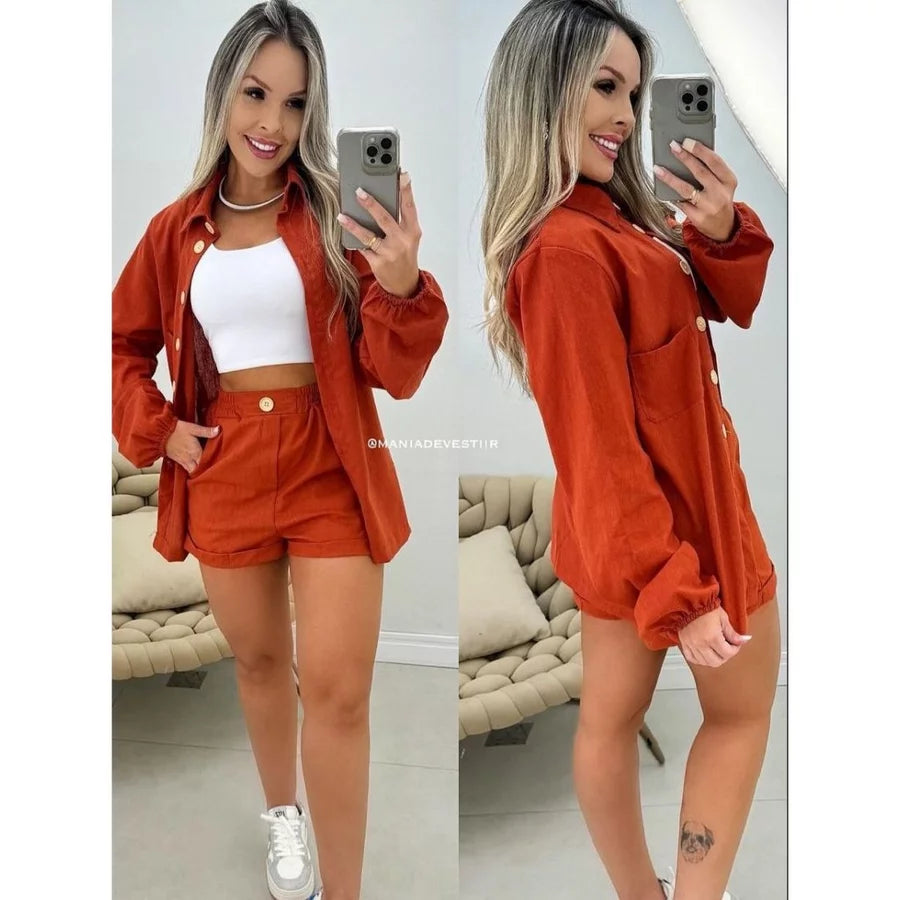 Conjunto Feminino em Linho – Camisa Manga Longa com Botões + Short Casual