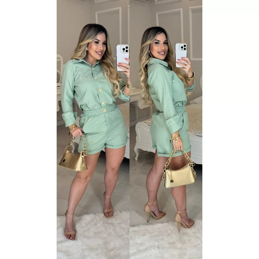 Conjunto Feminino em Linho – Camisa Manga Longa com Botões + Short Casual