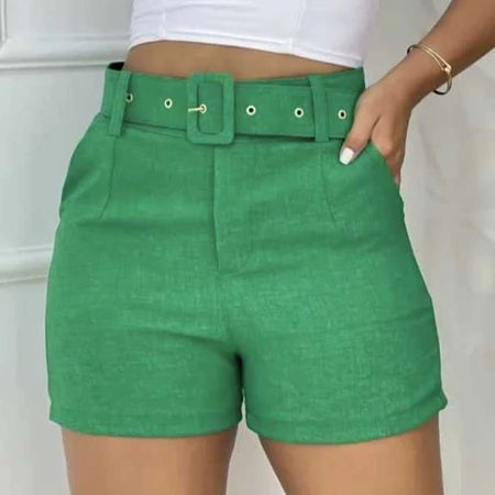 Short Feminino em Linho com Cinto Forrado e Zíper Lateral