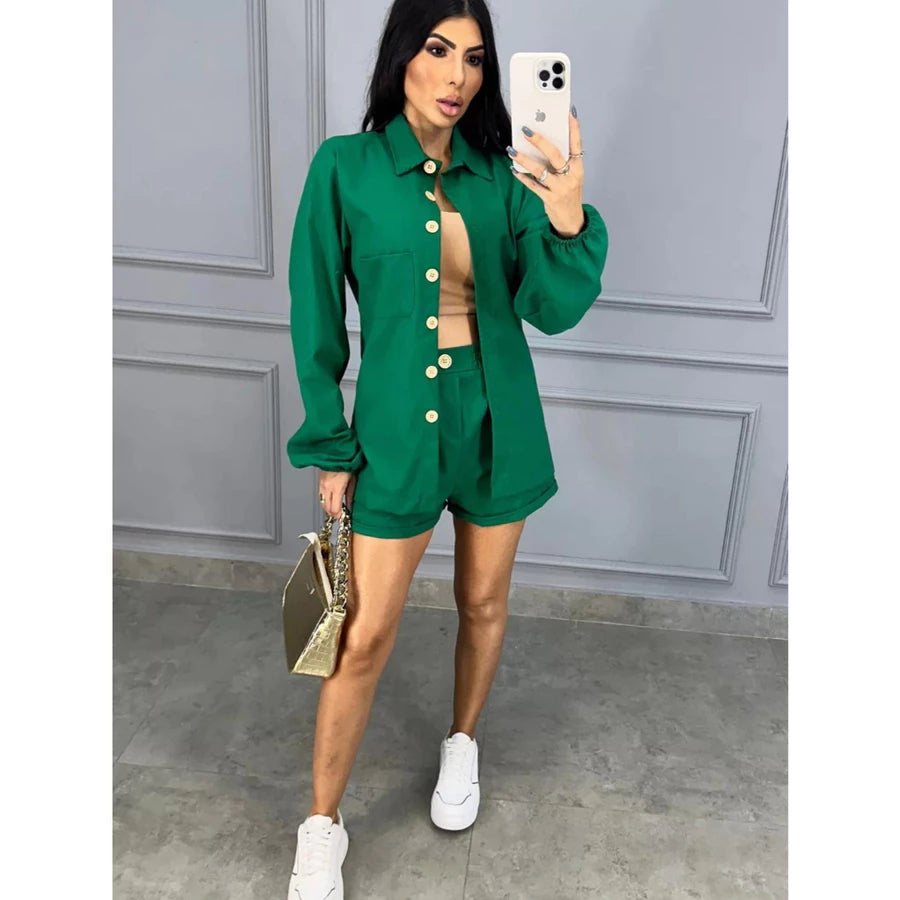 Conjunto Feminino em Linho – Camisa Manga Longa com Botões + Short Casual