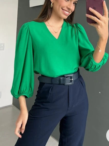 Blusa Feminina Manga 3/4 Tecido Crepe Duna Social Elegante