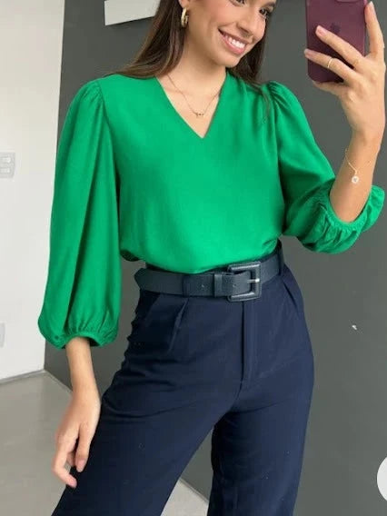 Blusa Feminina Manga 3/4 Tecido Crepe Duna Social Elegante Simples Glamour