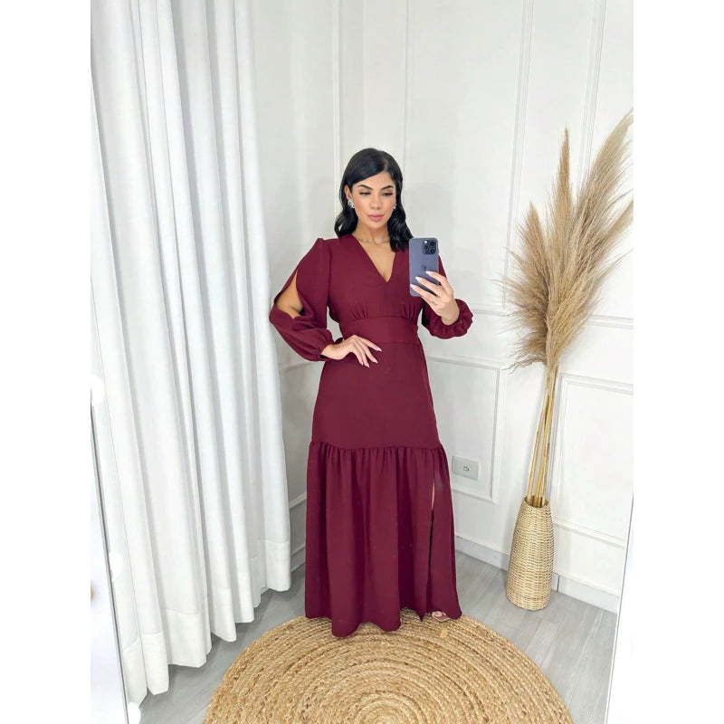 Vestido manga 3/4 com fenda longo feminino tecido Duna e viscolinho abertura nas Manga.