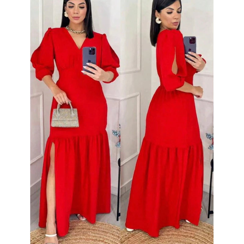 Vestido manga 3/4 com fenda longo feminino tecido Duna e viscolinho abertura nas Manga.