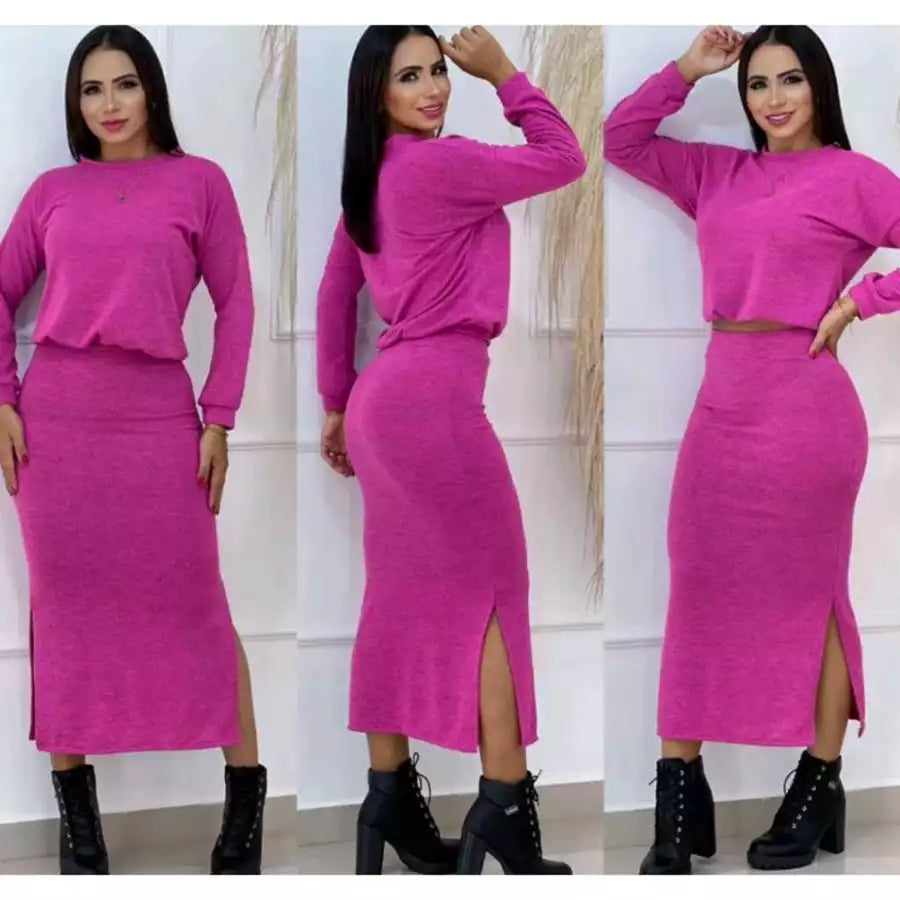 Conjunto Blusa e Saia Moda Feminina Cropped Midi Blogueira Saia Longa Inverno Lanzinha Fenda Laterais