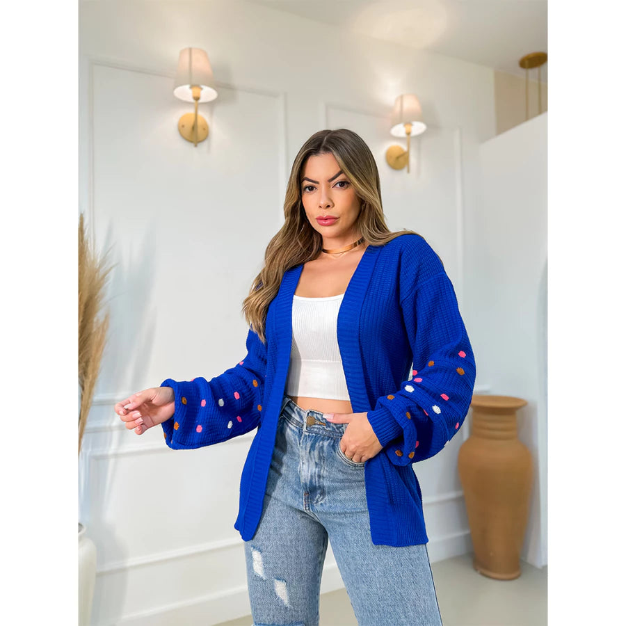 Casaco Feminino Cardigan Tricô Grosso Longo Com detalhe Manga Colorida