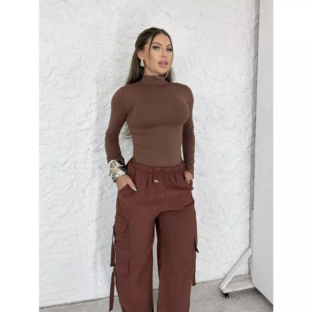 Body Collant Segunda Pele Gola Redonda Alta Básico Manga Longa