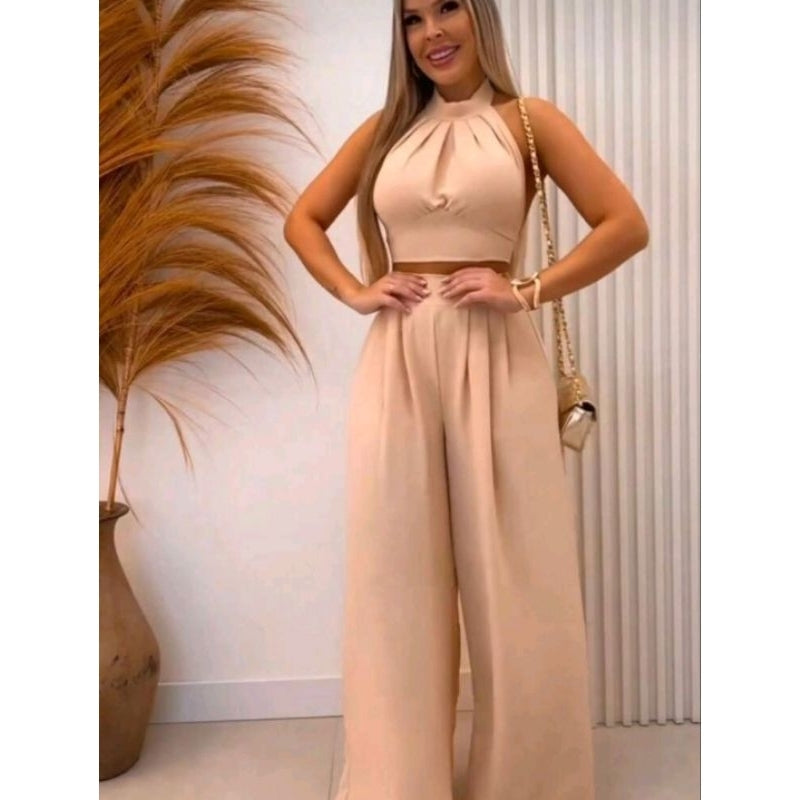 Conjunto Naia DUNA – Cropped com Gola Alta e Calça Pantalona