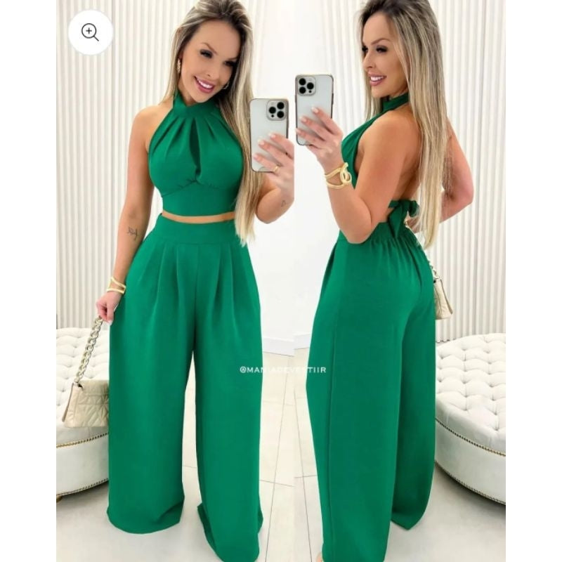 Conjunto Naia DUNA – Cropped com Gola Alta e Calça Pantalona