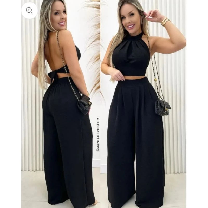Conjunto Naia DUNA – Cropped com Gola Alta e Calça Pantalona
