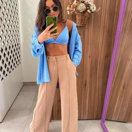 Calça Feminina Pantalona Wide Leg Duna com Botão