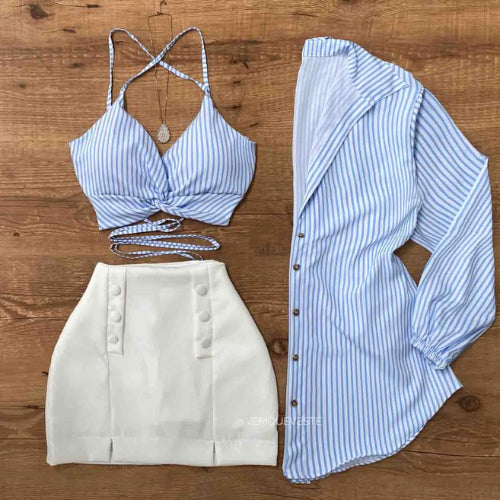 Conjunto Cropped com Bojo e Chemise Listrada