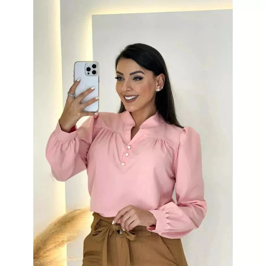 Blusa Feminina Manga Longa Social Elegante Botões Simples Glamour
