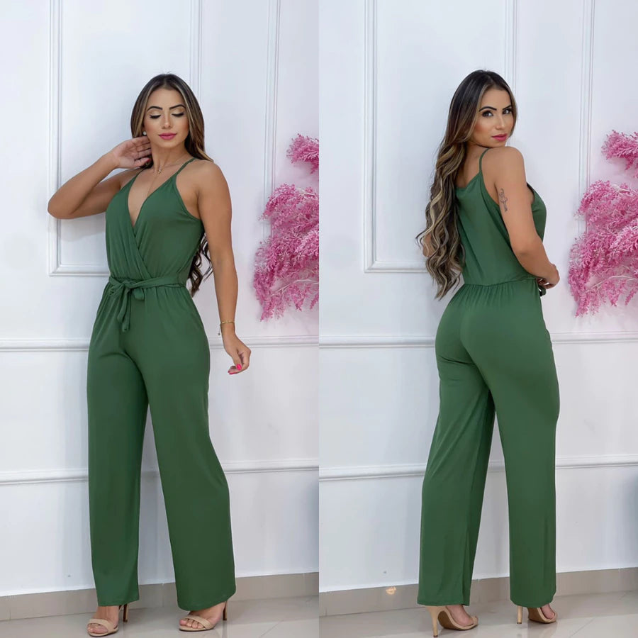 Macacão Longo Liso Moda Blogueira com Ajuste na Cintura e Gola V