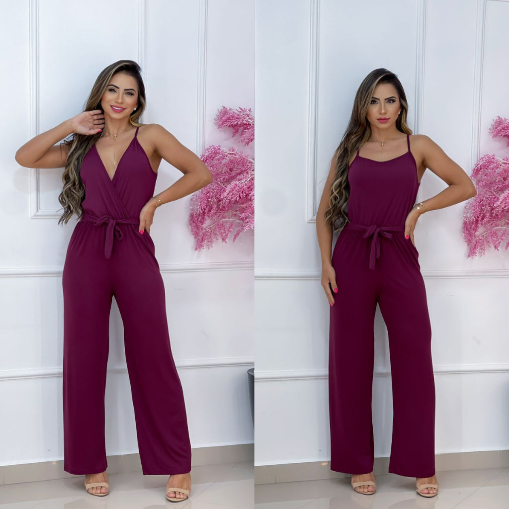 Macacão Longo Liso Moda Blogueira com Ajuste na Cintura e Gola V