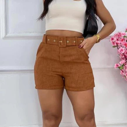 Short Feminino em Linho com Cinto Forrado e Zíper Lateral