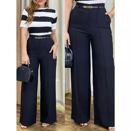 Calça Feminina Pantalona Alfaiataria Elegante com Cinto e Bolsos
