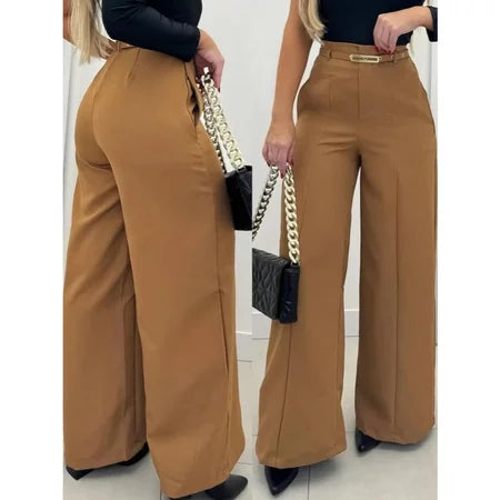 Calça Feminina Pantalona Alfaiataria Elegante com Cinto e Bolsos