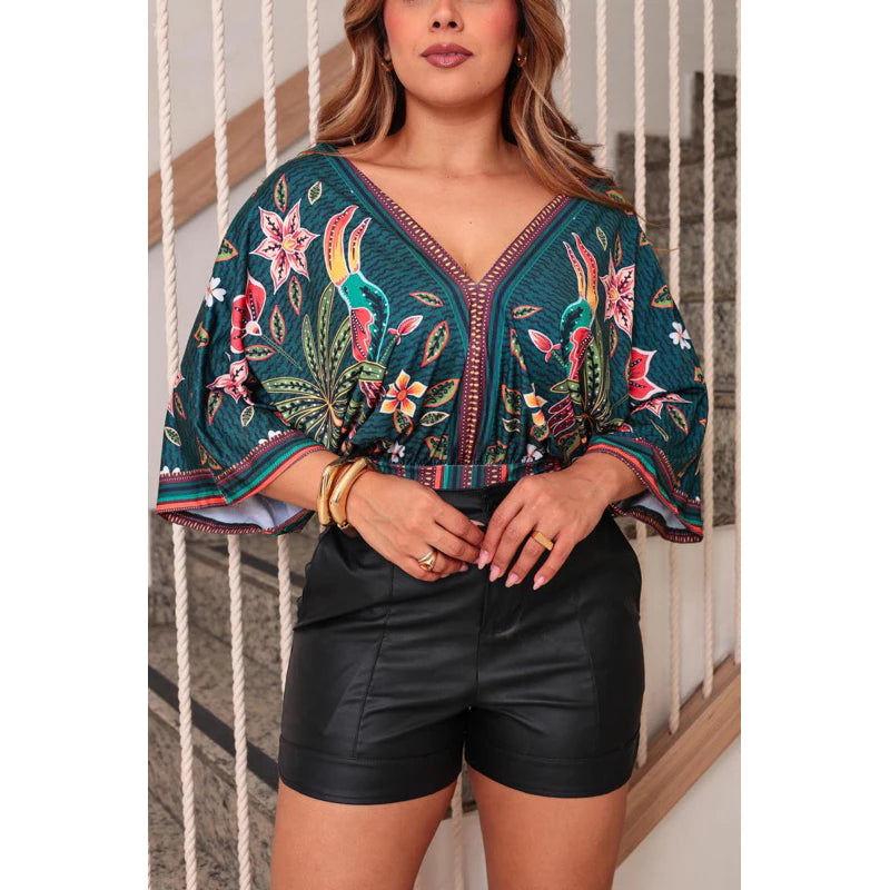 Body Patricinha Tropical Manga Morcego Estampado