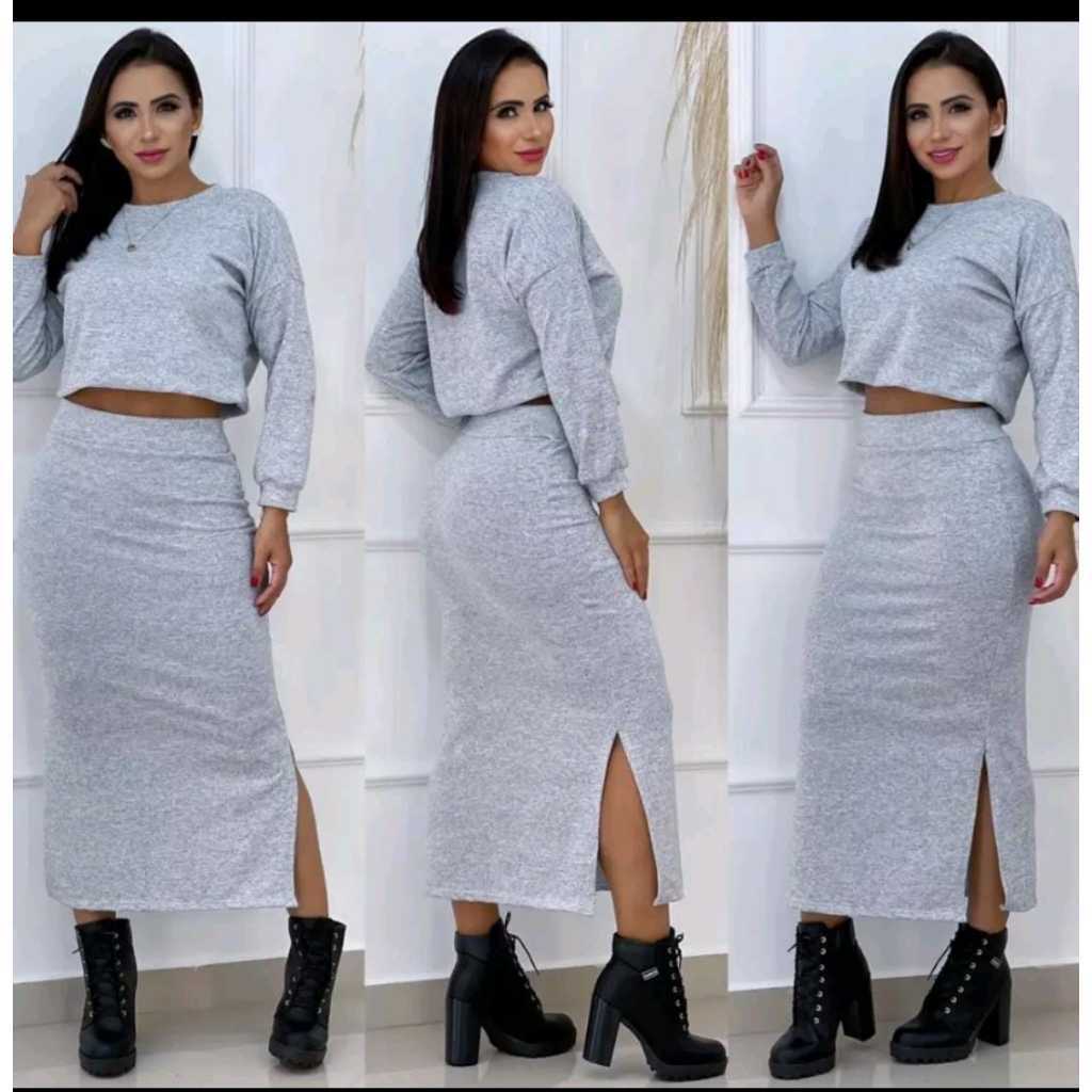 Conjunto Blusa e Saia Moda Feminina Cropped Midi Blogueira Saia Longa Inverno Lanzinha Fenda Laterais
