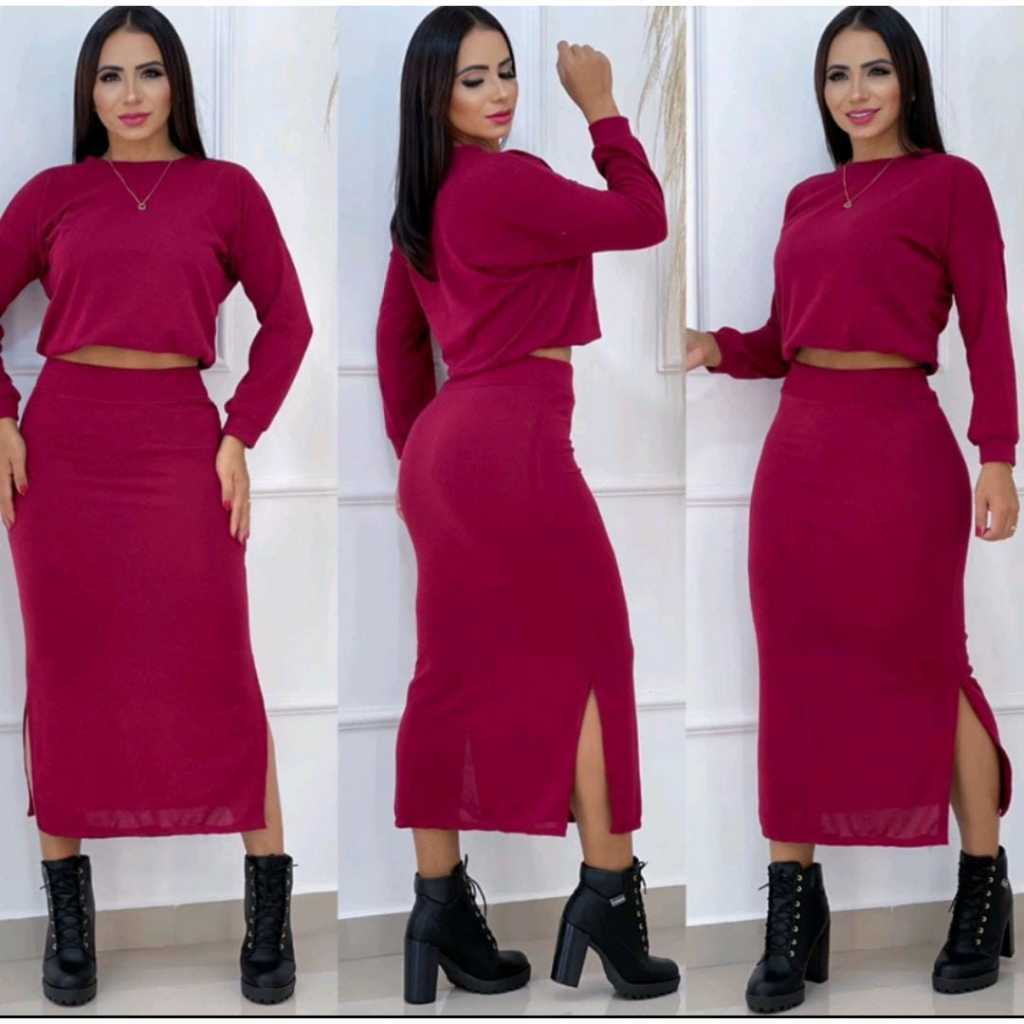 Conjunto Blusa e Saia Moda Feminina Cropped Midi Blogueira Saia Longa Inverno Lanzinha Fenda Laterais