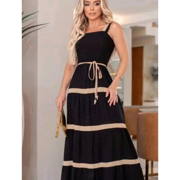 Vestido Longo Bicolor Tecido Duna