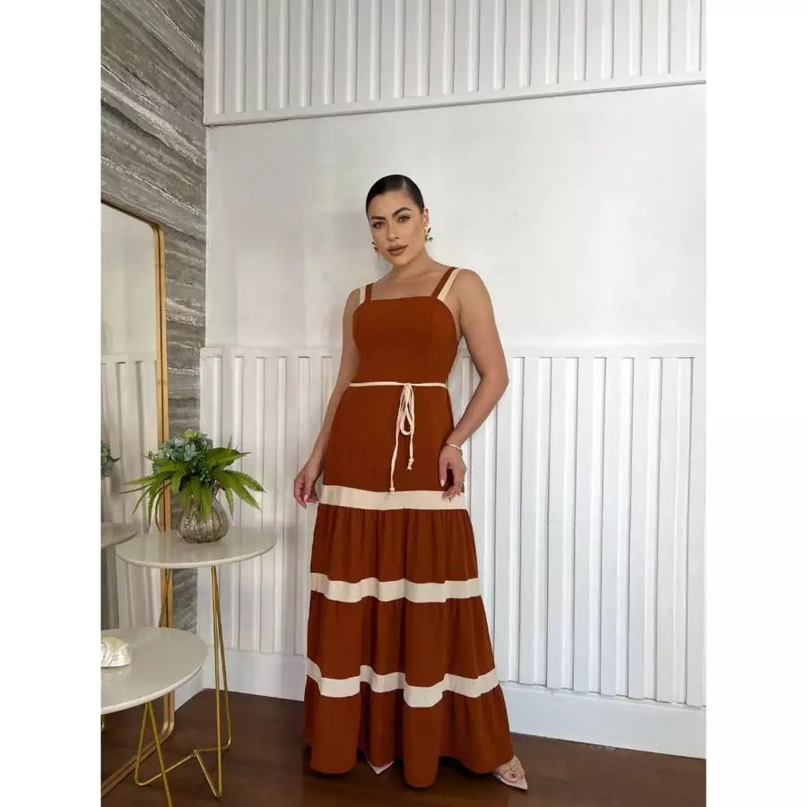 Vestido Longo Bicolor Tecido Duna