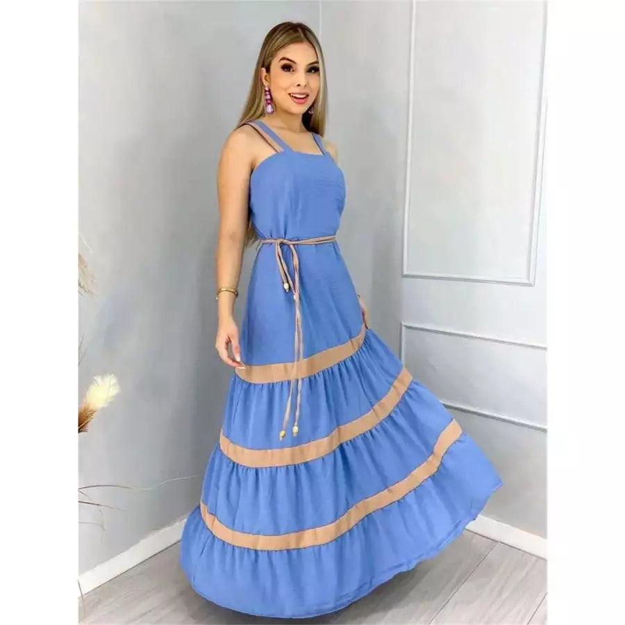 Vestido Longo Bicolor Tecido Duna