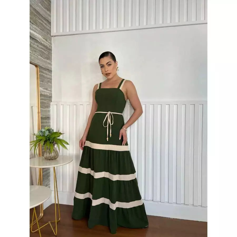 Vestido Longo Bicolor Tecido Duna