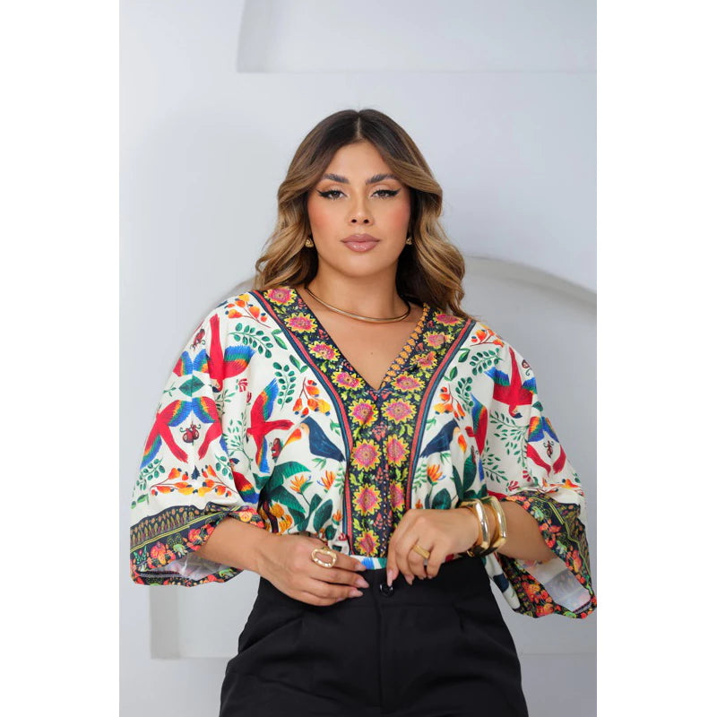 Body Patricinha Tropical Manga Morcego Estampado